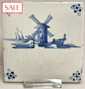 Tile with a image of a Windmill, circa 1675. Tegel met afbeelding van een Molen, circa 1675.