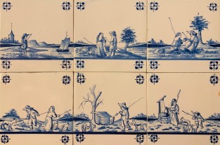 Veld van zes tegels met  een herderstafereel/ Panel of six tiles with a pastoral scene