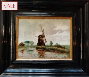 Tile in frame with windmill, Rozenburg. Tegel in lijst met molen, Rozenburg.