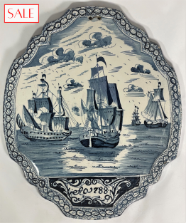 Antique, Delft blue plaque with ships from 1788. Antieke Delftsblauwe plaquette met schepen uit 1788.