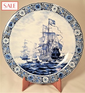 Large plate with ship 7 Provinces, Royal Delft. Groot bord schip de 7 Provinciën, De Porceleyne Fles.